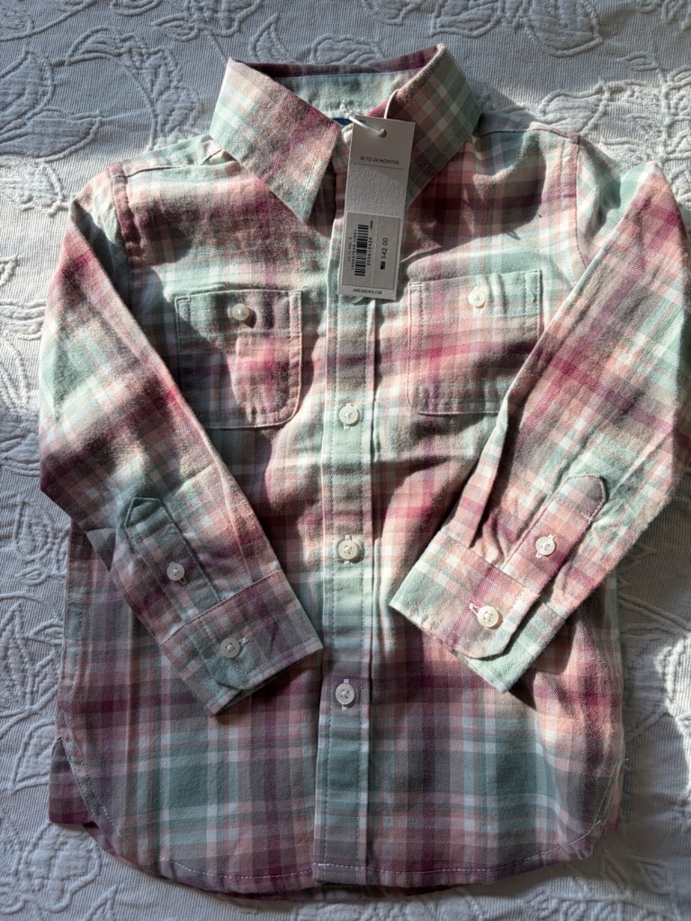 Janie and Jack Mint Green Dusty Pink Plaid Button-Down Shirt flannel new 18-24m